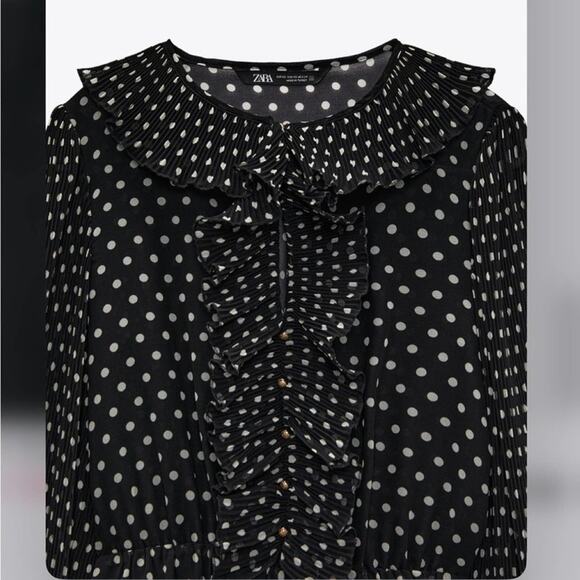 Zara Pleated Black Dress with White Polka Dot Printed Size Medium - Picture 9 of 9